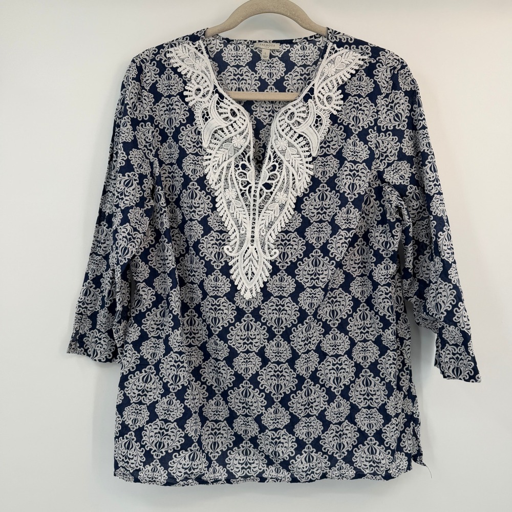 Talbots‎ Navy White Damask Lightweight Cotton Tunic Top Lace Bib Large Coastal